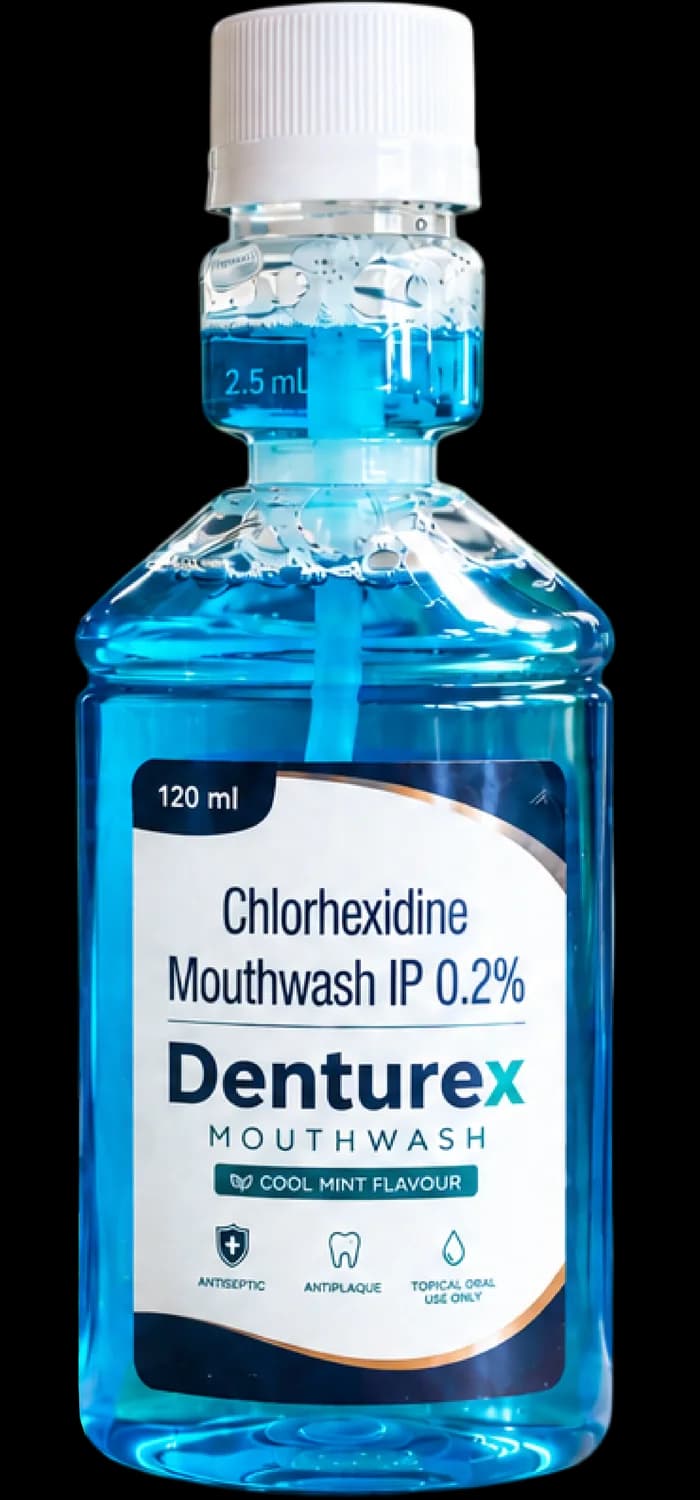 Denturex mouthwash bottle on a white background
