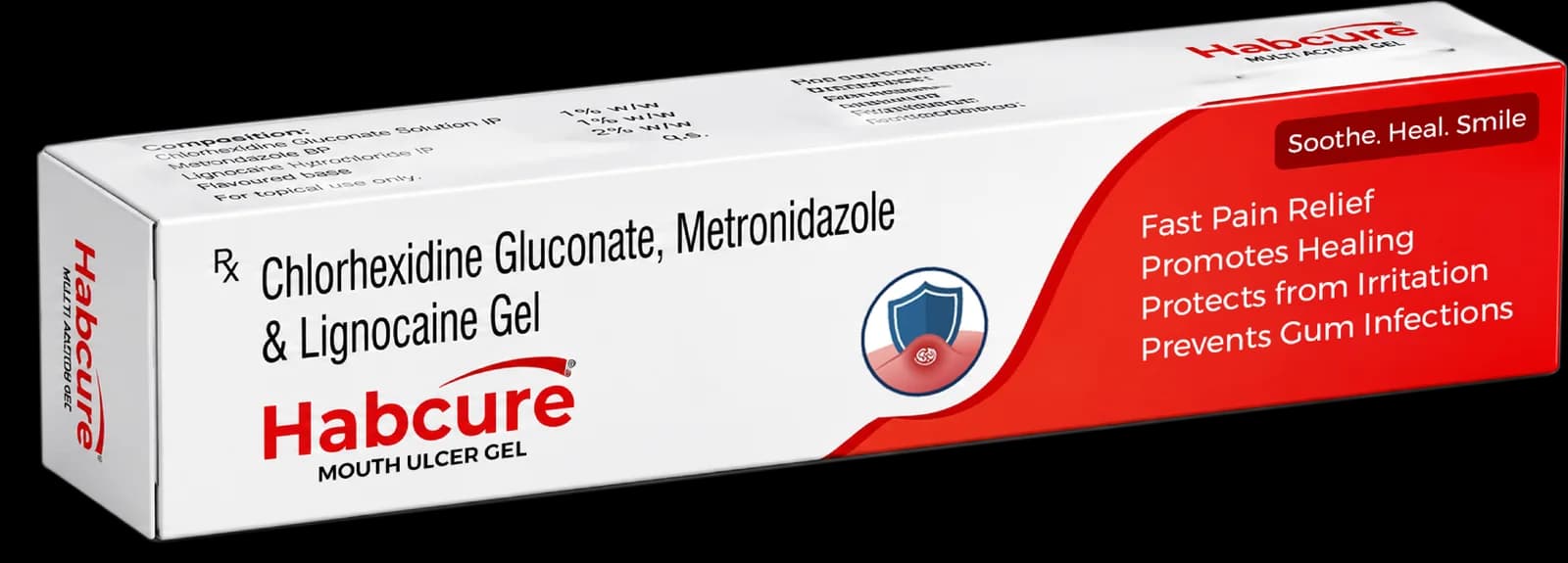Habcure mouth ulcer gel carton on a white background