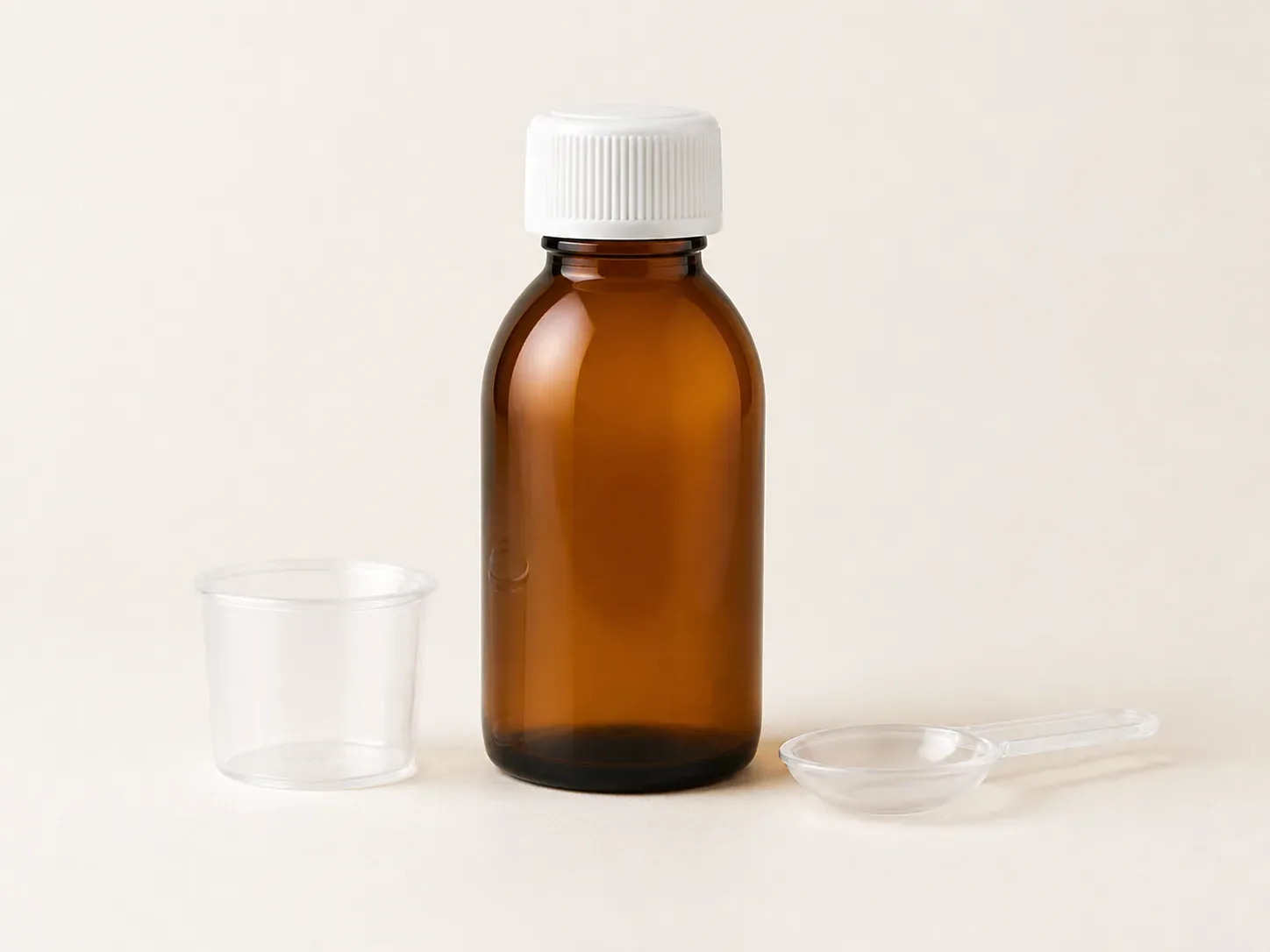 Unbranded illustrative medicine bottle with measuring cup and spoon